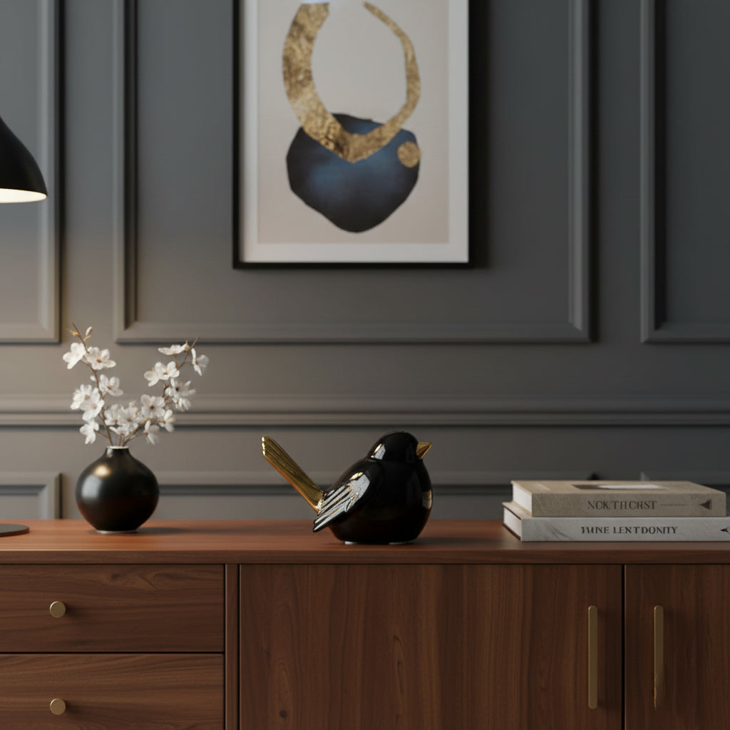 Pajaro Vito Ceramica Negro Dorado