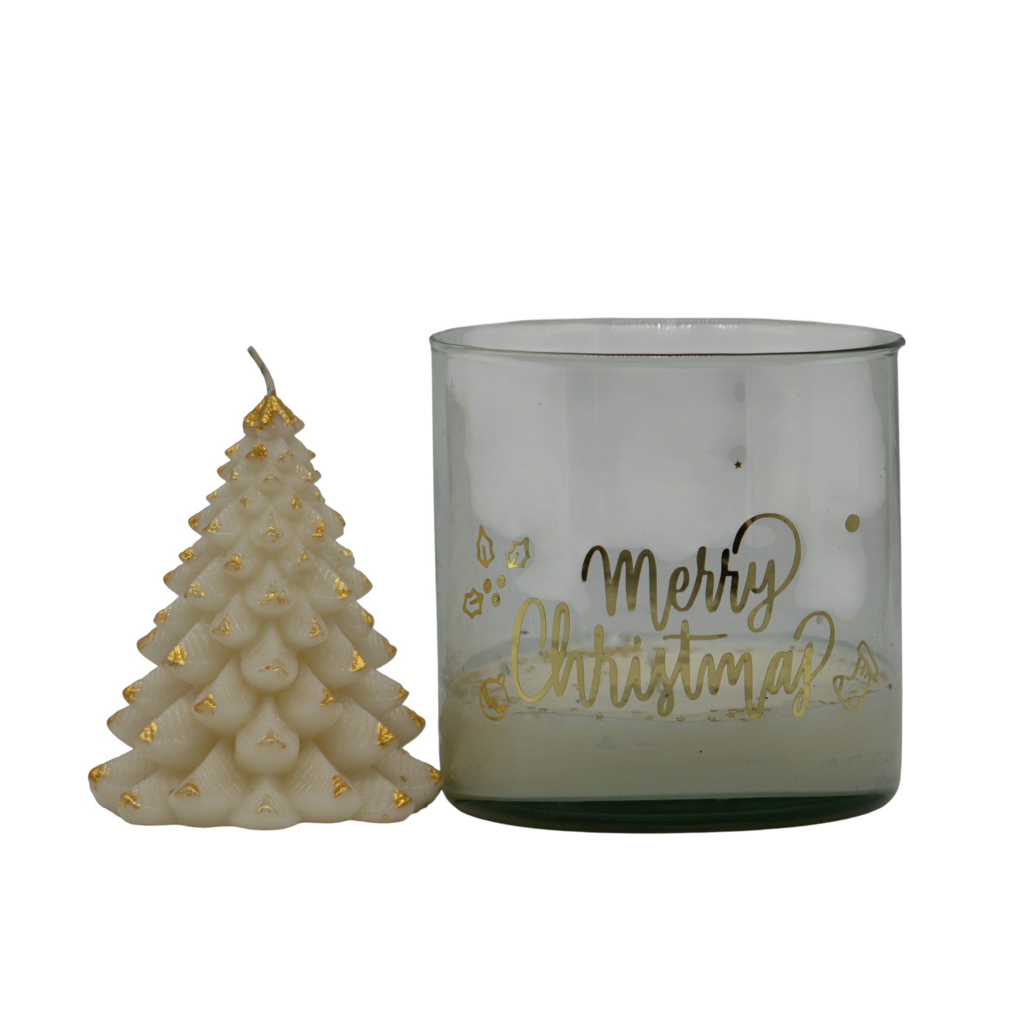 Botijo con Pino Dorado – Vela Decorativa de Soya | 14 cm