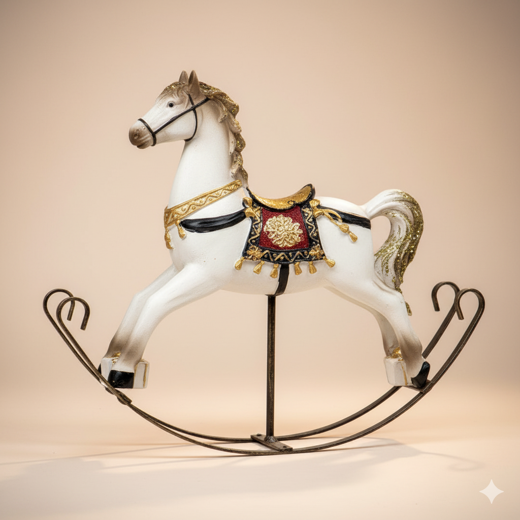 Figura De Poliresina Caballo Mecedor Blanco con Montura