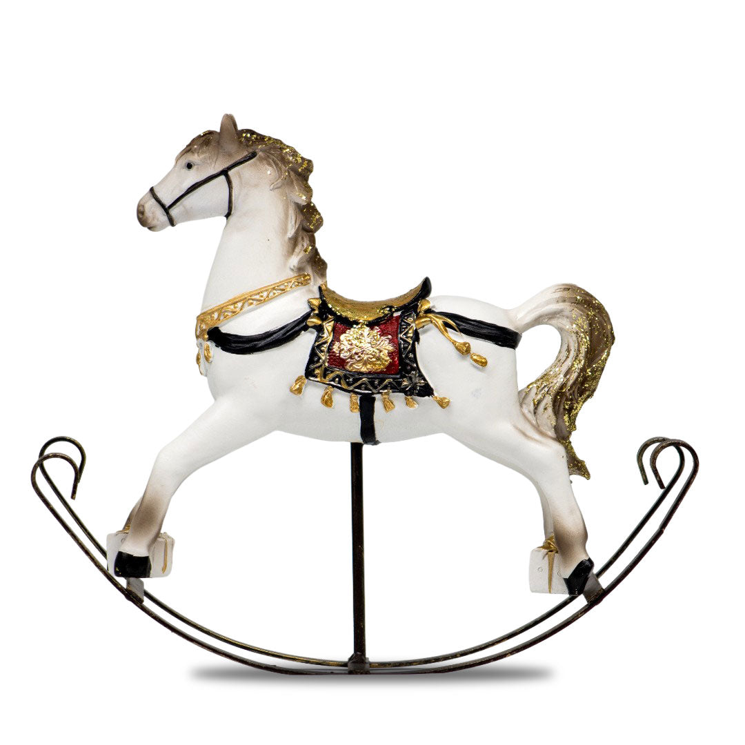 Figura De Poliresina Caballo Mecedor Blanco con Montura
