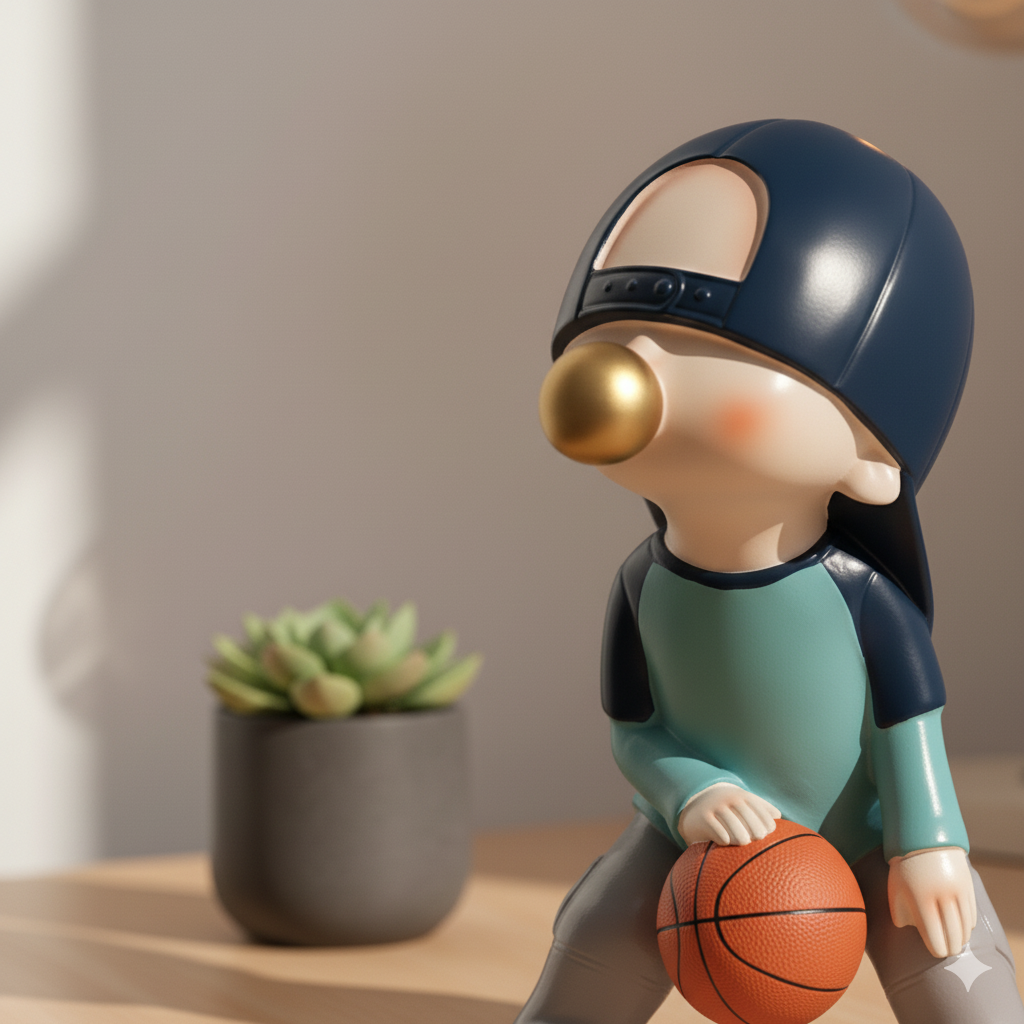 Figura De Poliresina Niño Con Chicle Azul Basquetbol 23 Cm