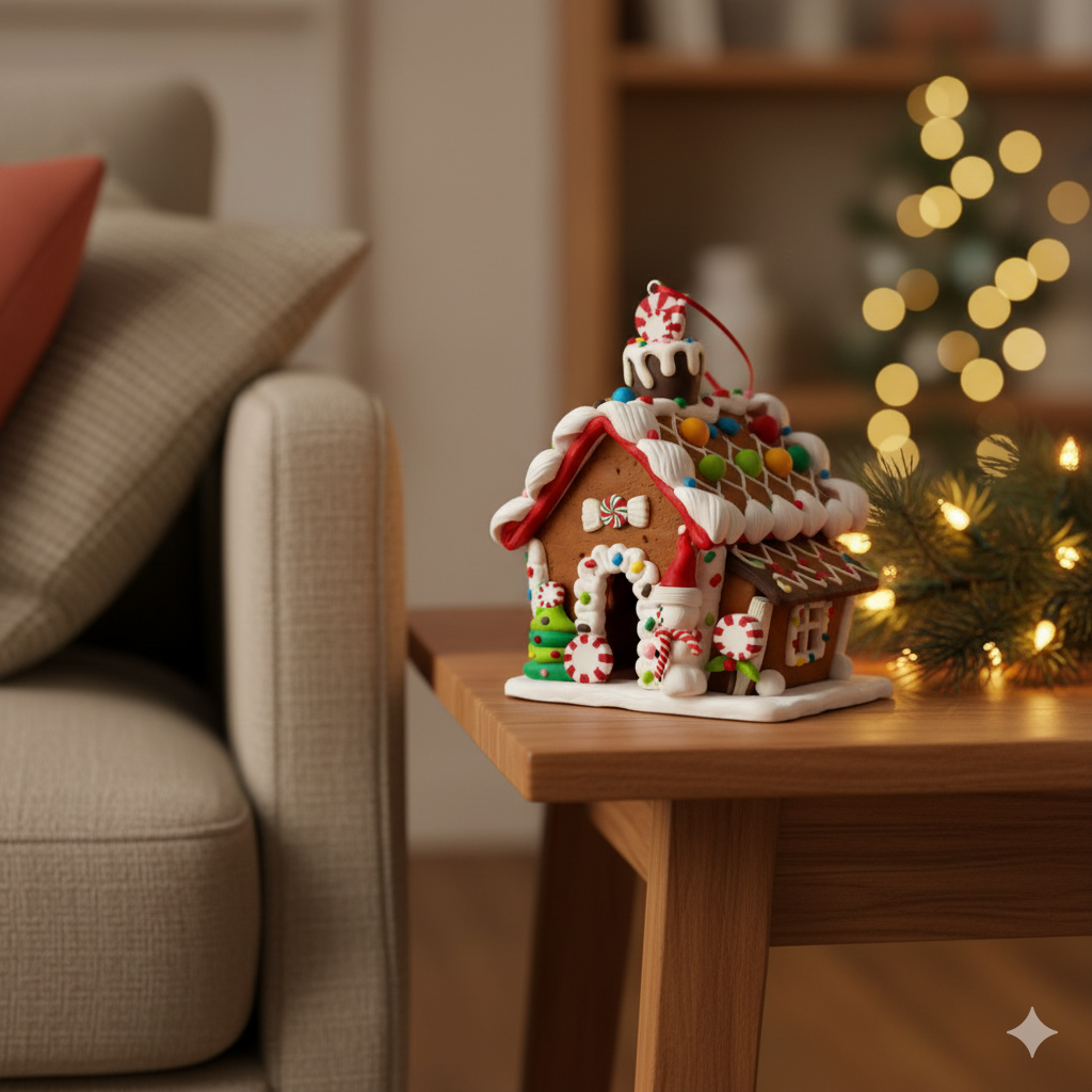 Adorno Navideño Casa de Jengibre con Pino y Muñeco de Nieve – 12 cm