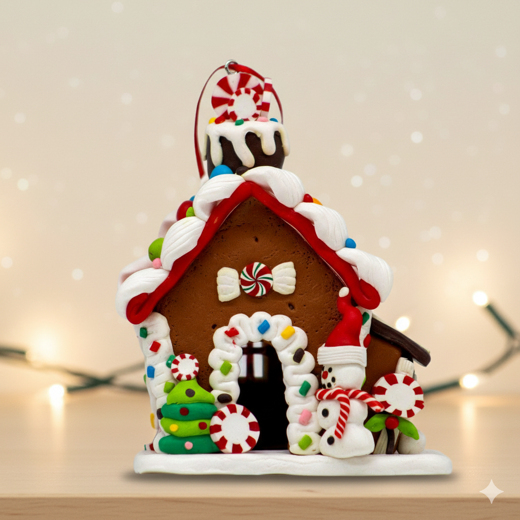 Adorno Navideño Casa de Jengibre con Pino y Muñeco de Nieve – 12 cm