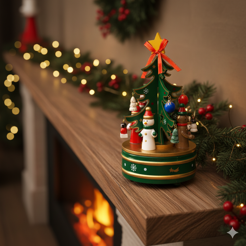 Adorno Navideño con Caja Musical Ãrbol Verde y Santa – 22 cm