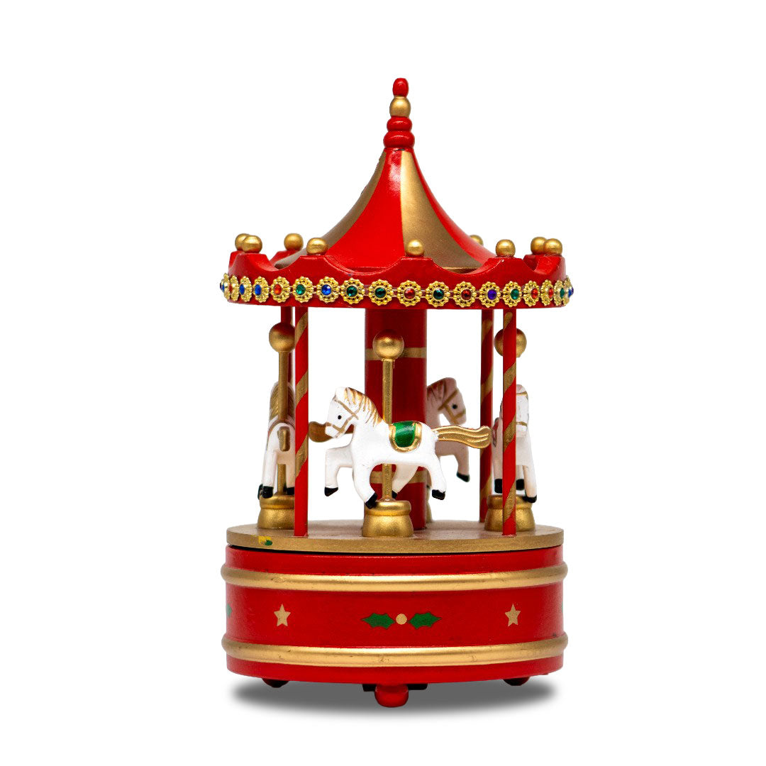 Adorno Navideño con Caja Musical Carrusel Rojo con Piedras de Colores – 24 cm