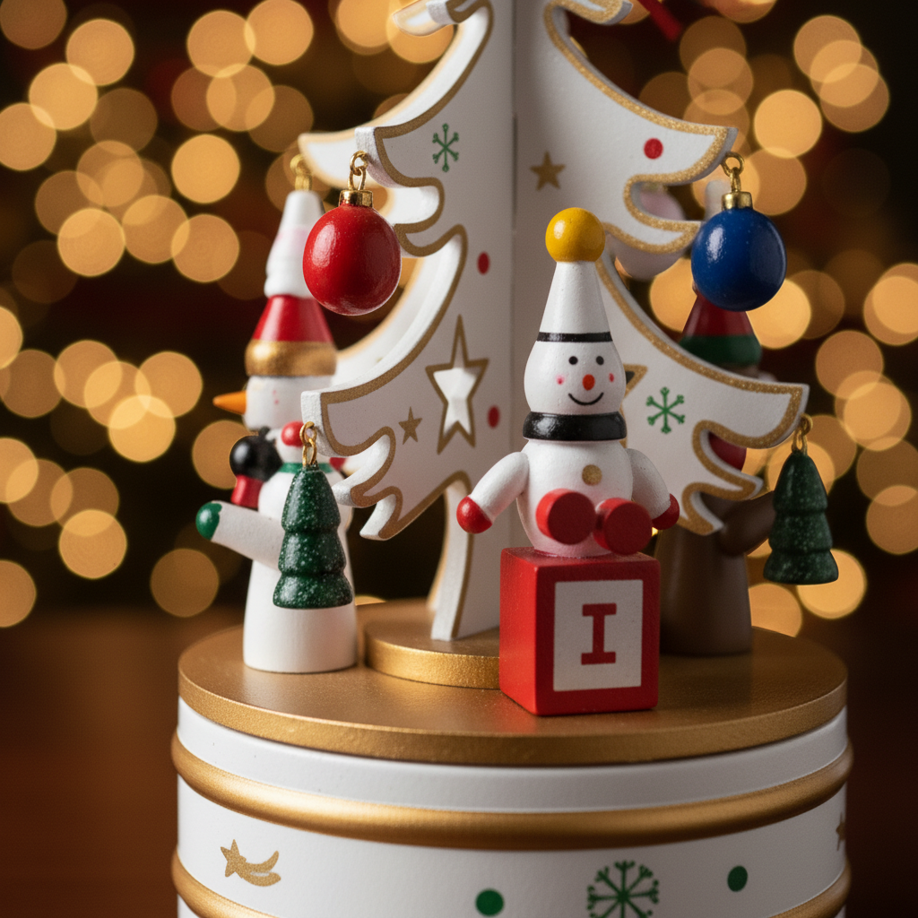Adorno Navideño con Caja Musical Ãrbol Blanco y Santa – 22 cm