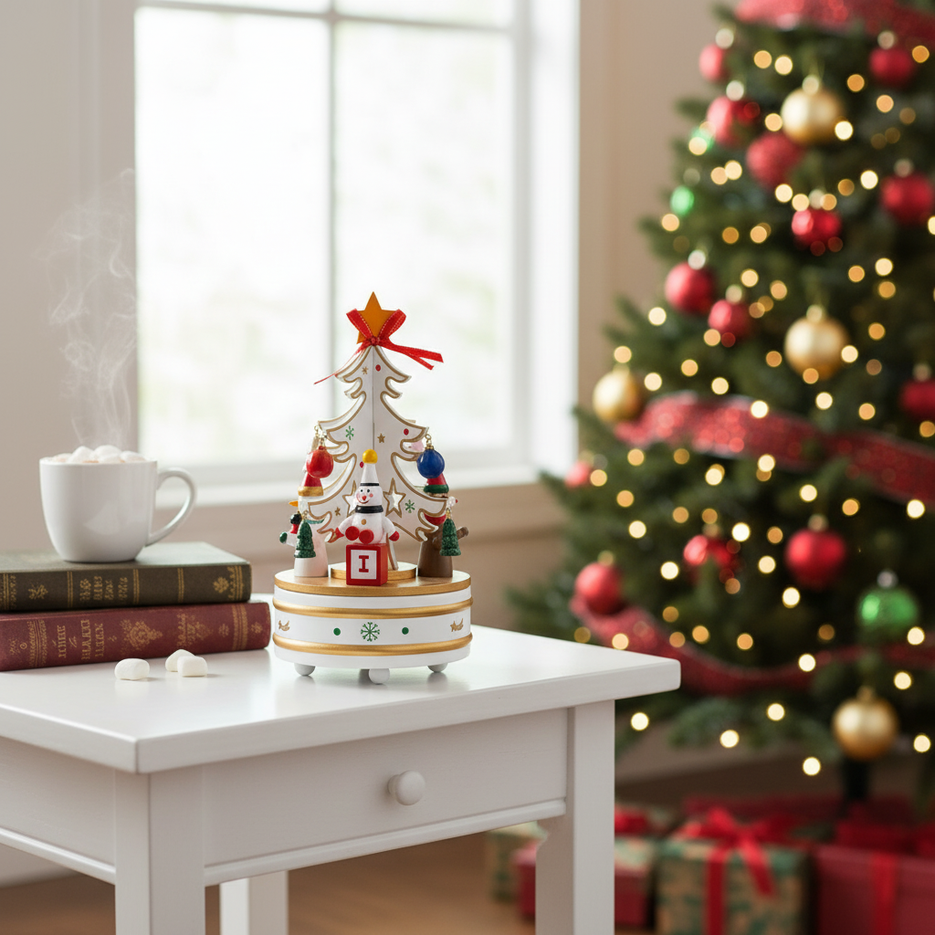 Adorno Navideño con Caja Musical Ãrbol Blanco y Santa – 22 cm