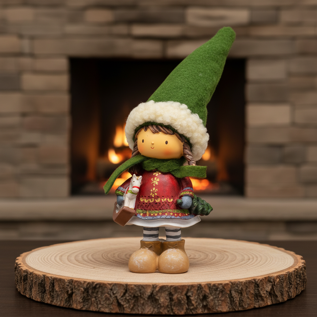 Adorno Navideño Niña con Gorro Verde y Caballo – 25 cm
