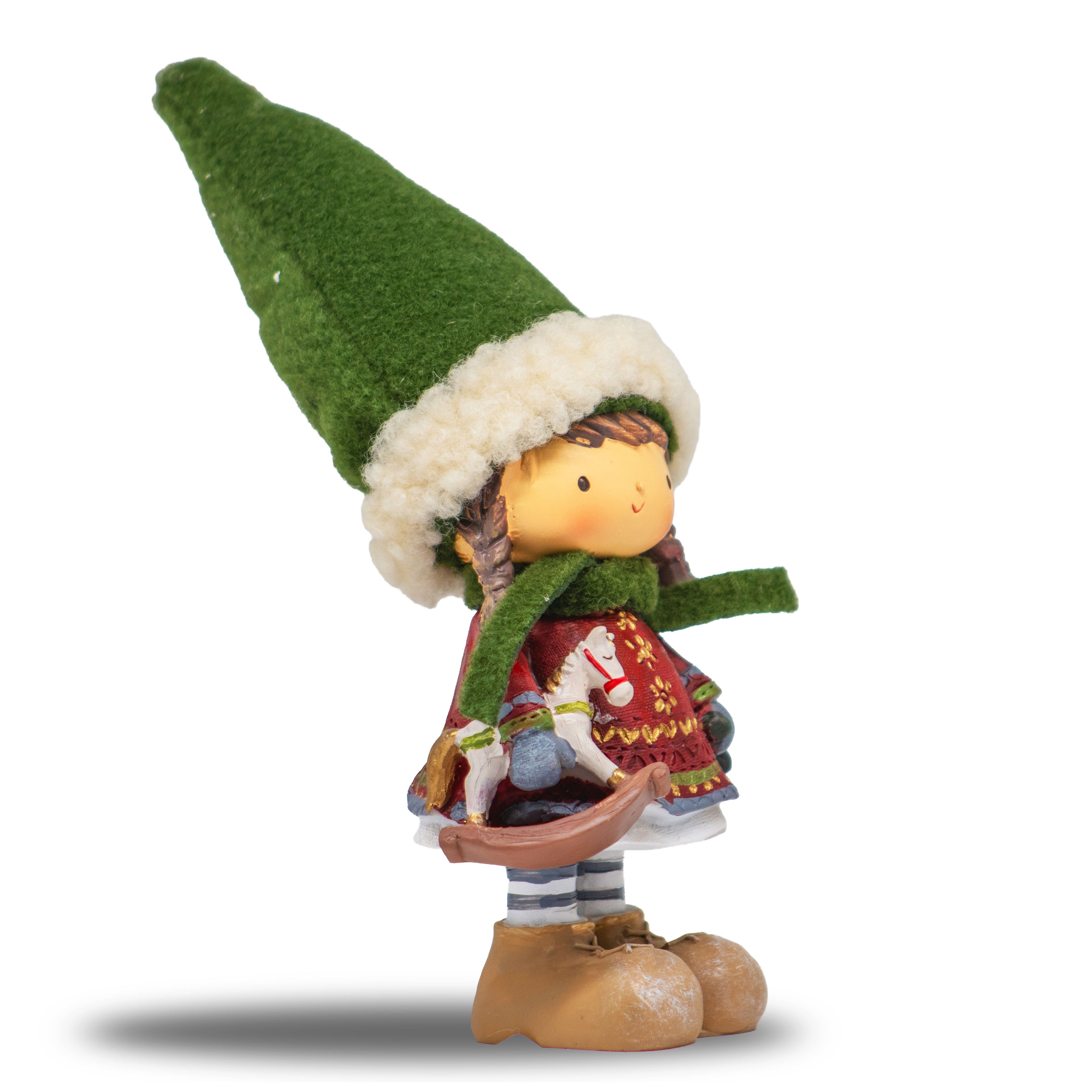 Adorno Navideño Niña con Gorro Verde y Caballo – 25 cm