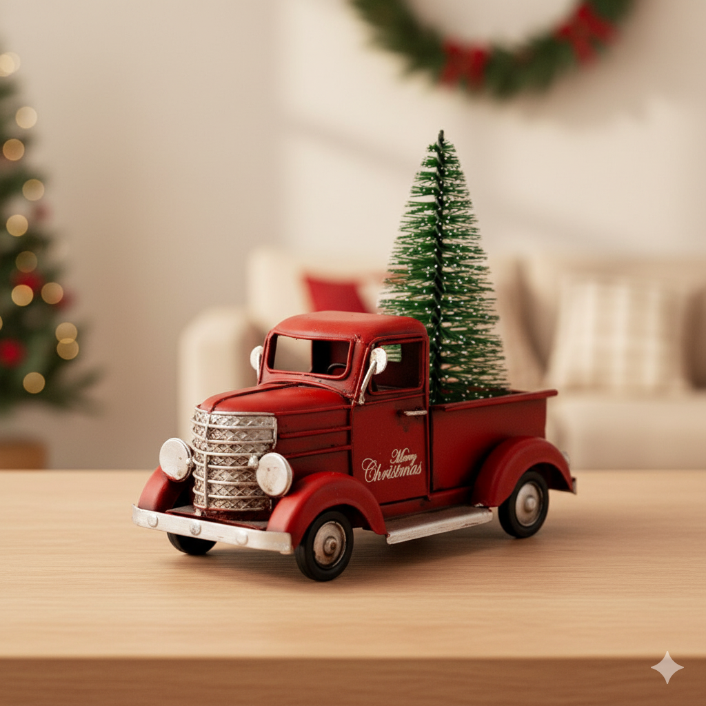 Van Roja Decorativa de Metal Vintage con Ãrbol de Navidad – 15 cm