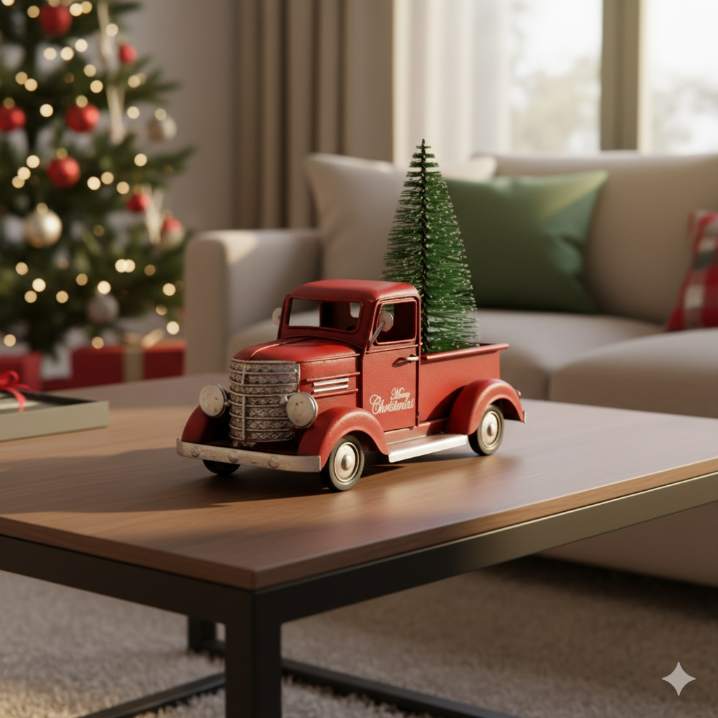 Van Roja Decorativa de Metal Vintage con Ãrbol de Navidad – 15 cm