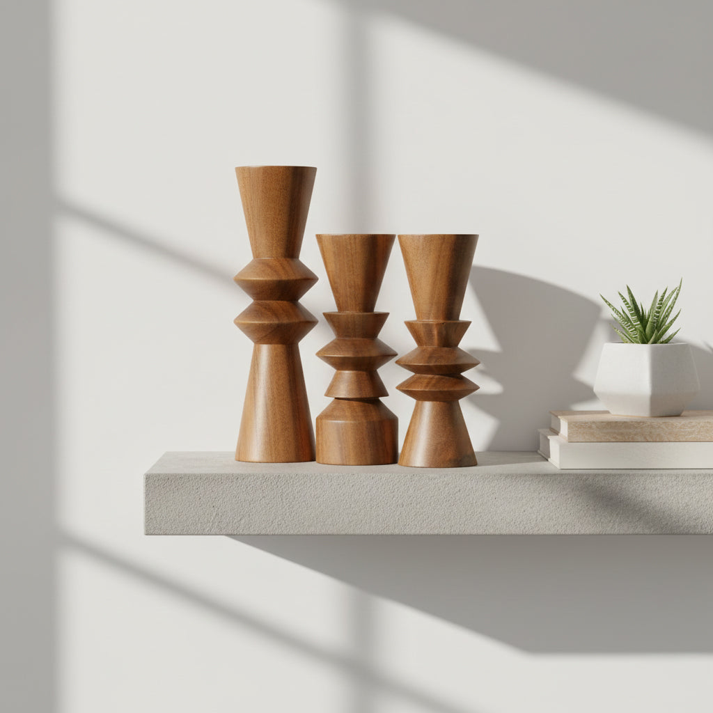 Juego de 3 Tótems Decorativos de Madera – 34 cm