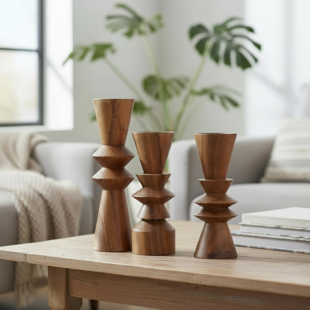 Juego de 3 Tótems Decorativos de Madera – 34 cm