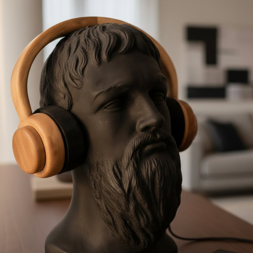 Busto Decorativo con Audífonos Negro + Madera 34 cm
