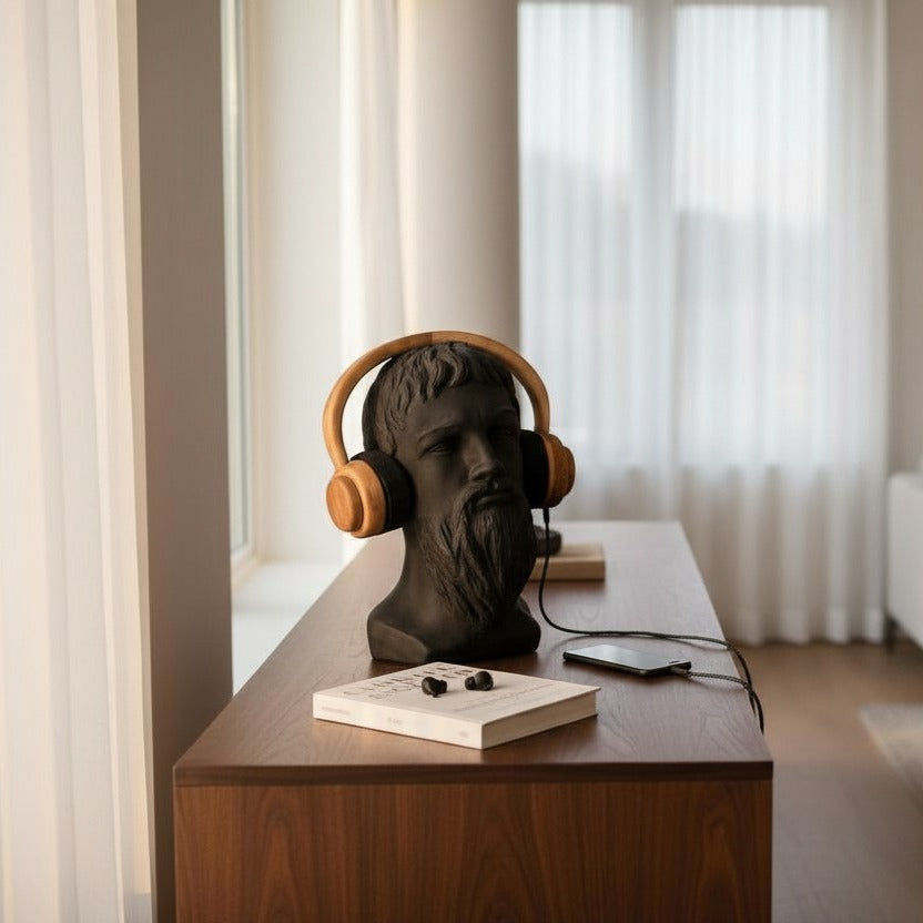 Busto Decorativo con Audífonos Negro + Madera 34 cm