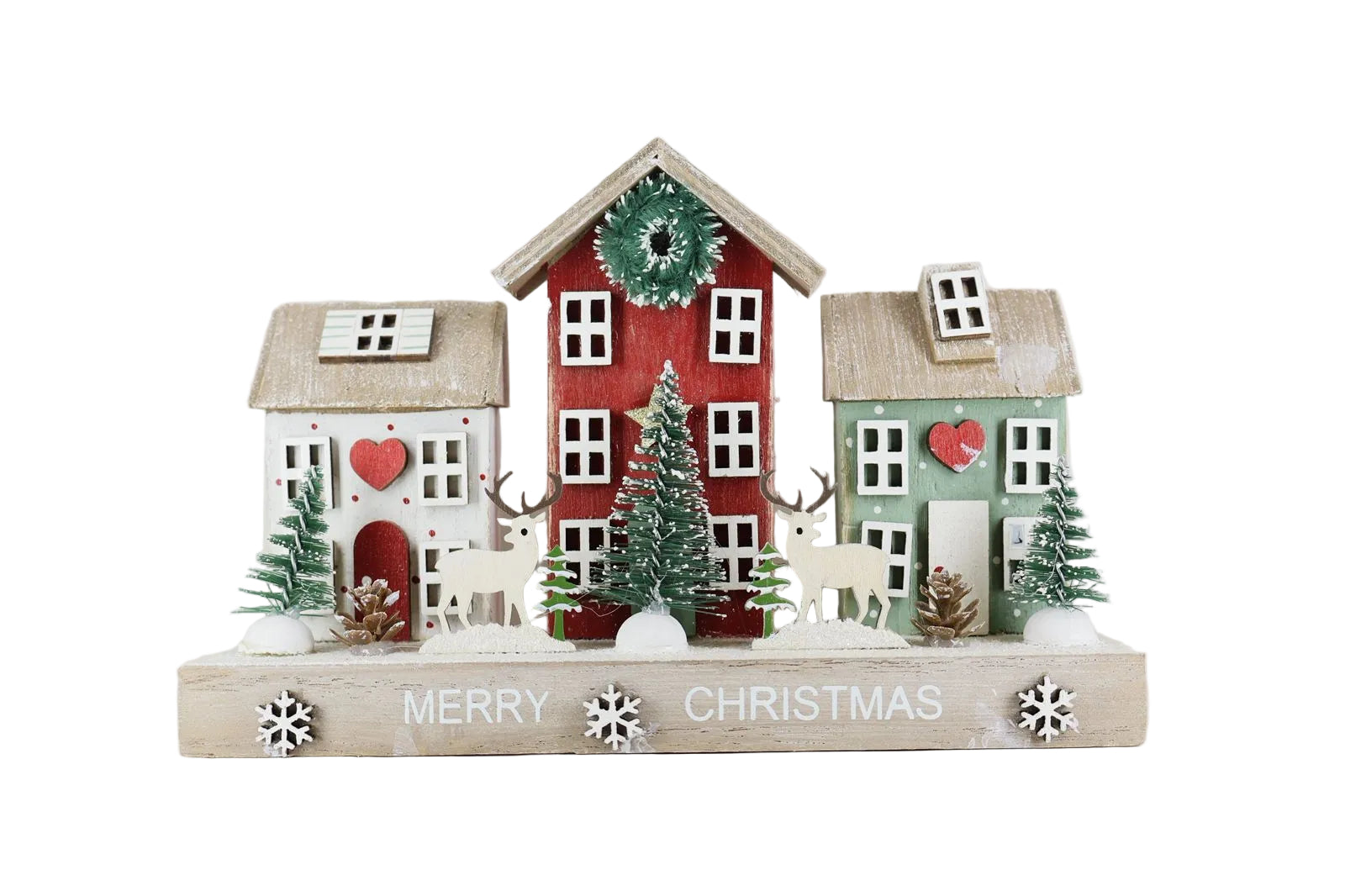 Adorno Navideño Villa 3 Casas Rojo, Verde Y Blanco, Renos