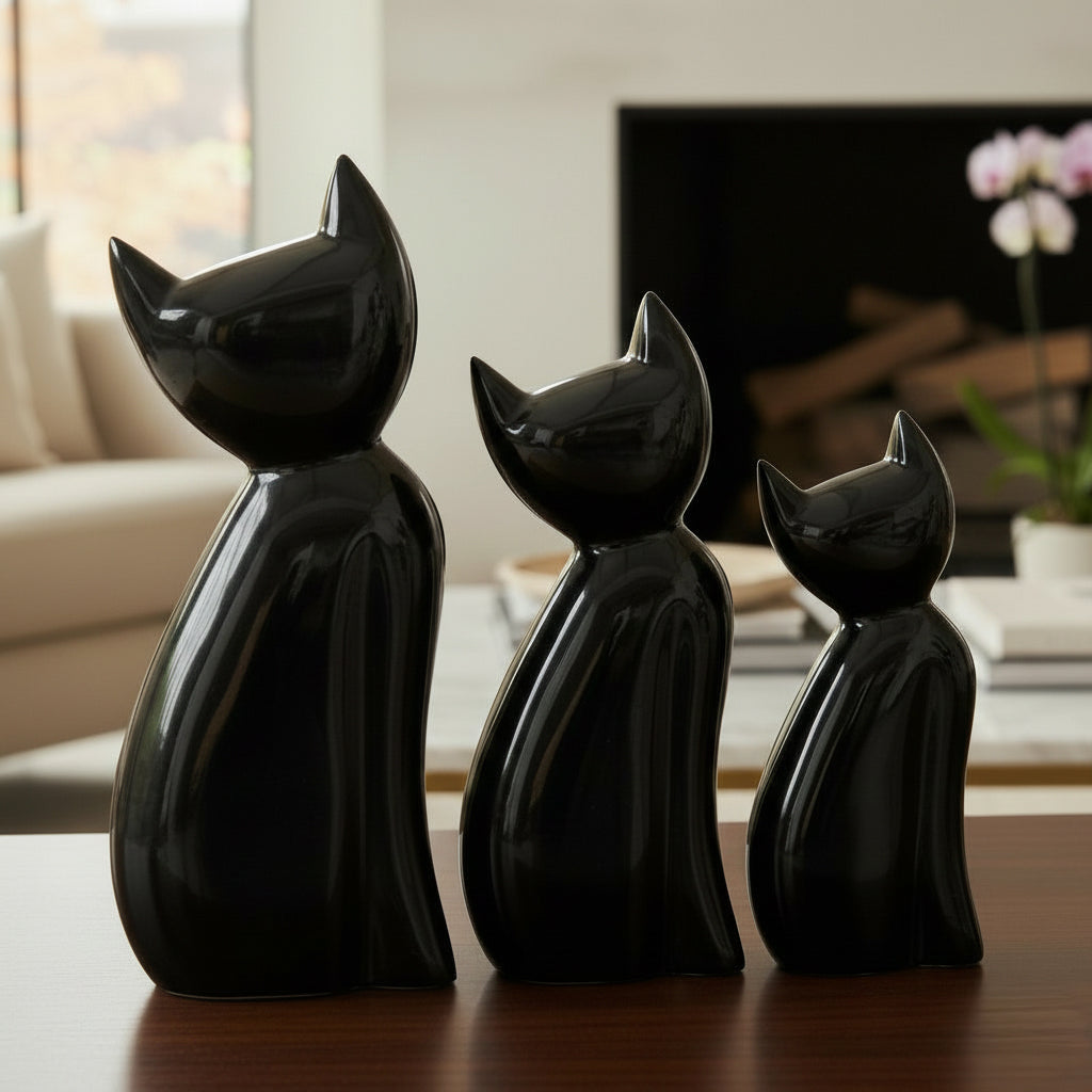 Set de 3 Gatos Decorativos Mármol Negro 31 cm