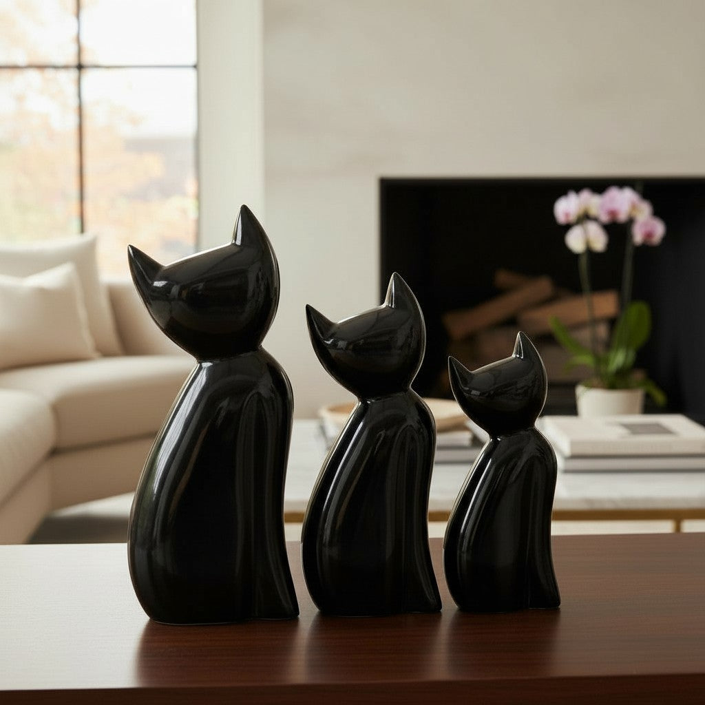 Set de 3 Gatos Decorativos Mármol Negro 31 cm