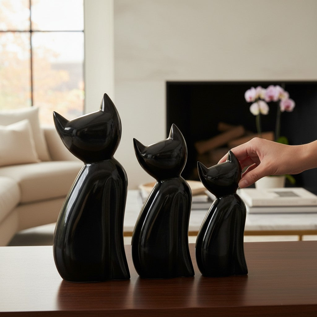 Set de 3 Gatos Decorativos Mármol Negro 31 cm