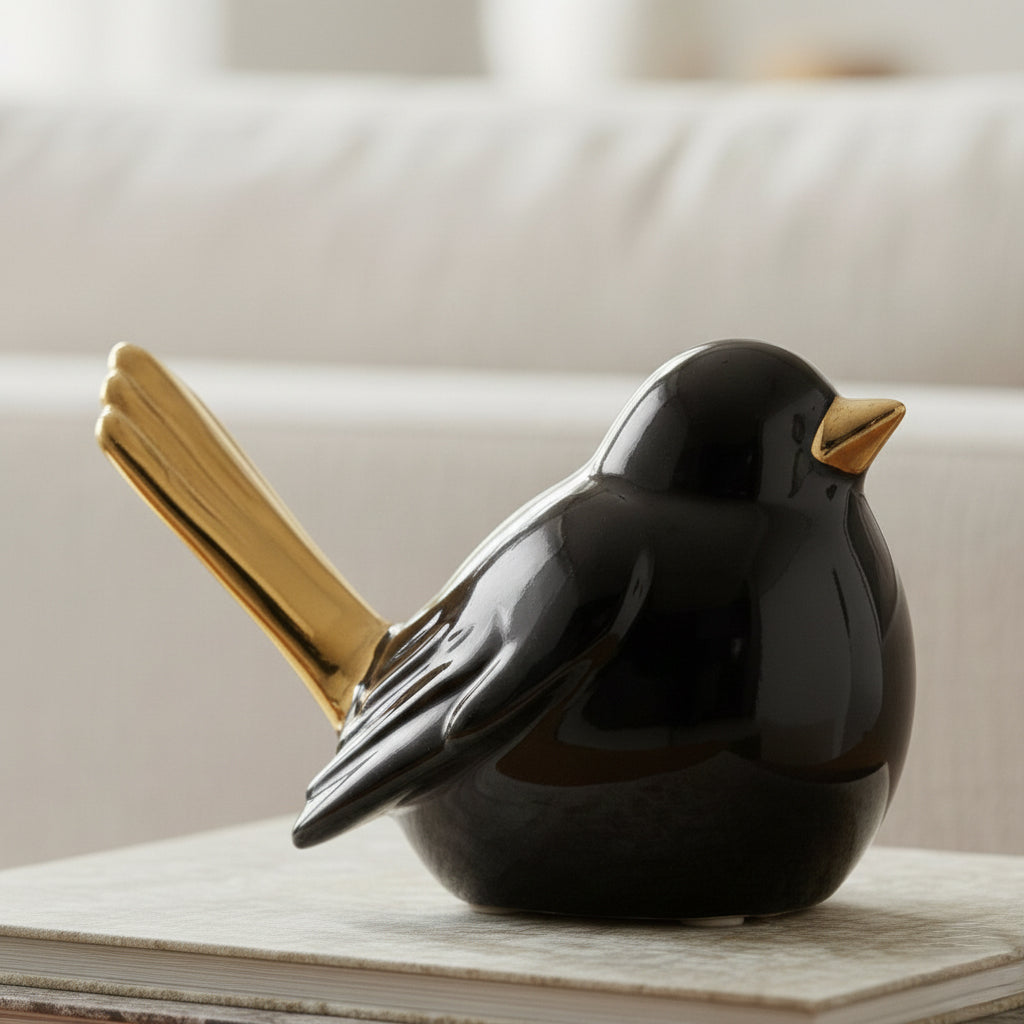 Pajaro Vito Ceramica Negro Dorado