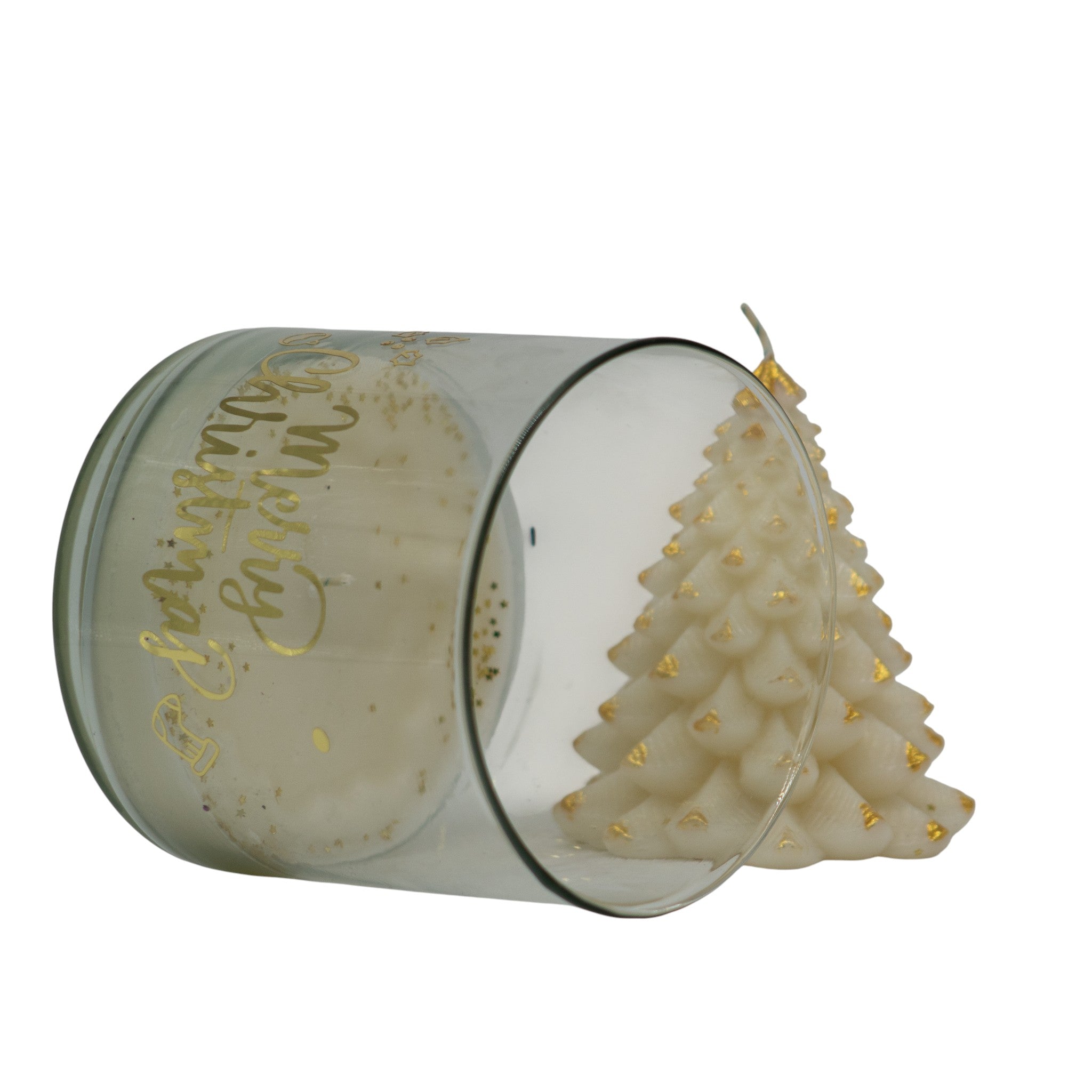 Botijo con Pino Dorado â€“ Vela Decorativa de Soya | 14 cm