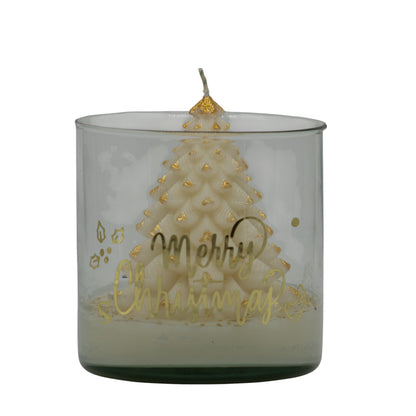 Botijo con Pino Dorado â€“ Vela Decorativa de Soya | 14 cm