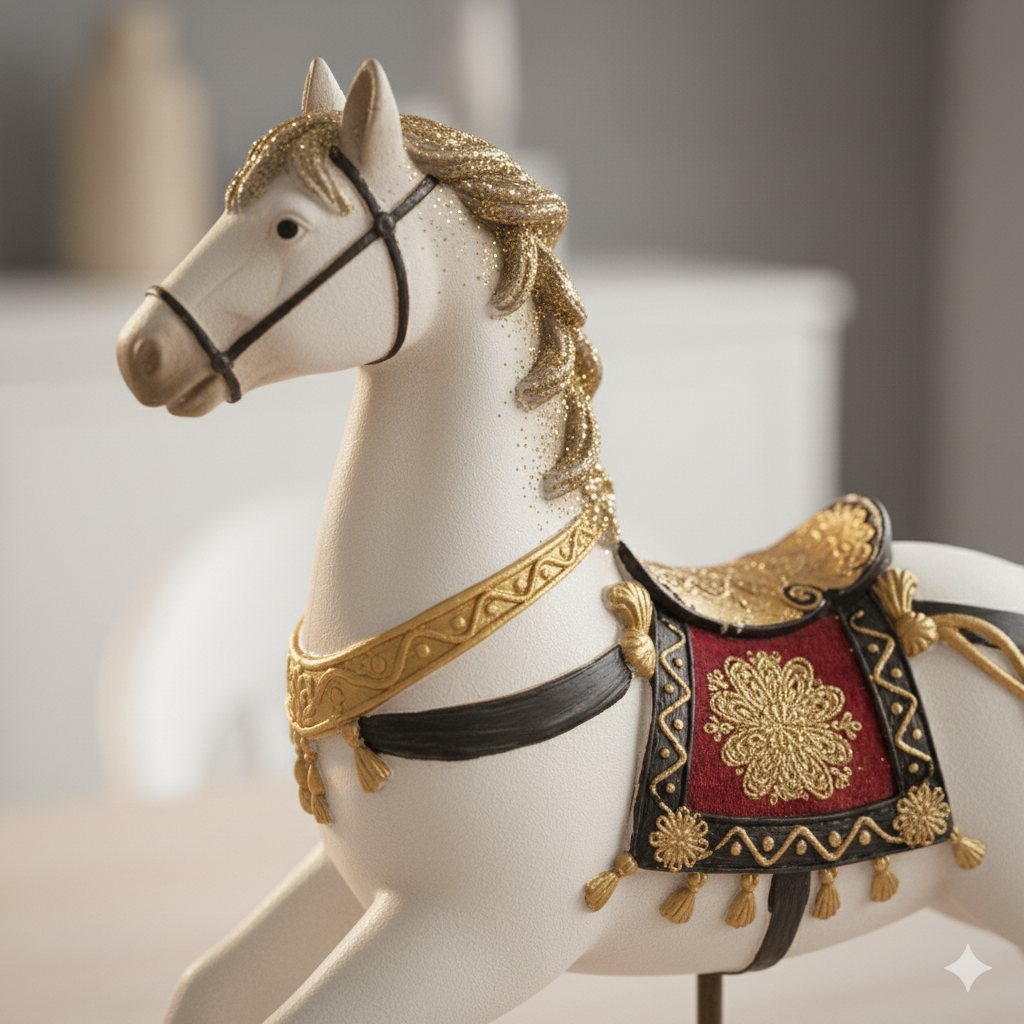 Figura De Poliresina Caballo Mecedor Blanco con Montura