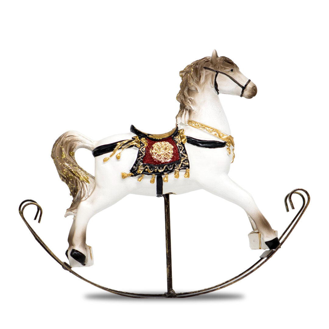 Figura De Poliresina Caballo Mecedor Blanco con Montura
