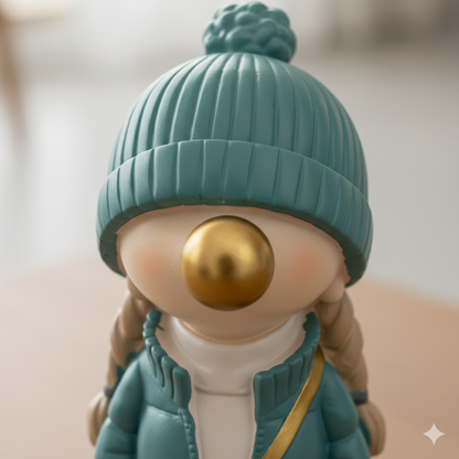 Figura Decorativa de Poliresina Niña con Chicle, Chamarra Turquesa 20 cm