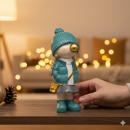 Figura Decorativa de Poliresina Niña con Chicle, Chamarra Turquesa 20 cm