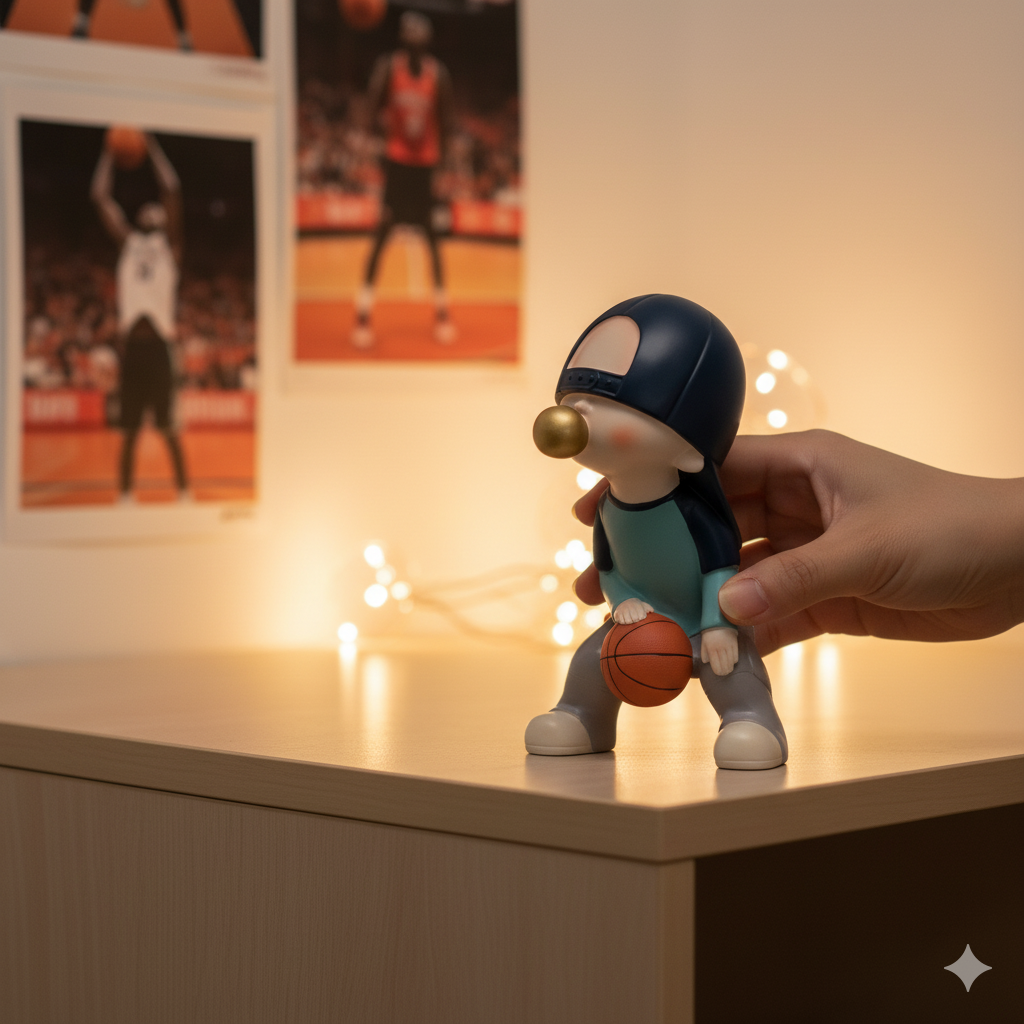 Figura De Poliresina Niño Con Chicle Azul Basquetbol 23 Cm