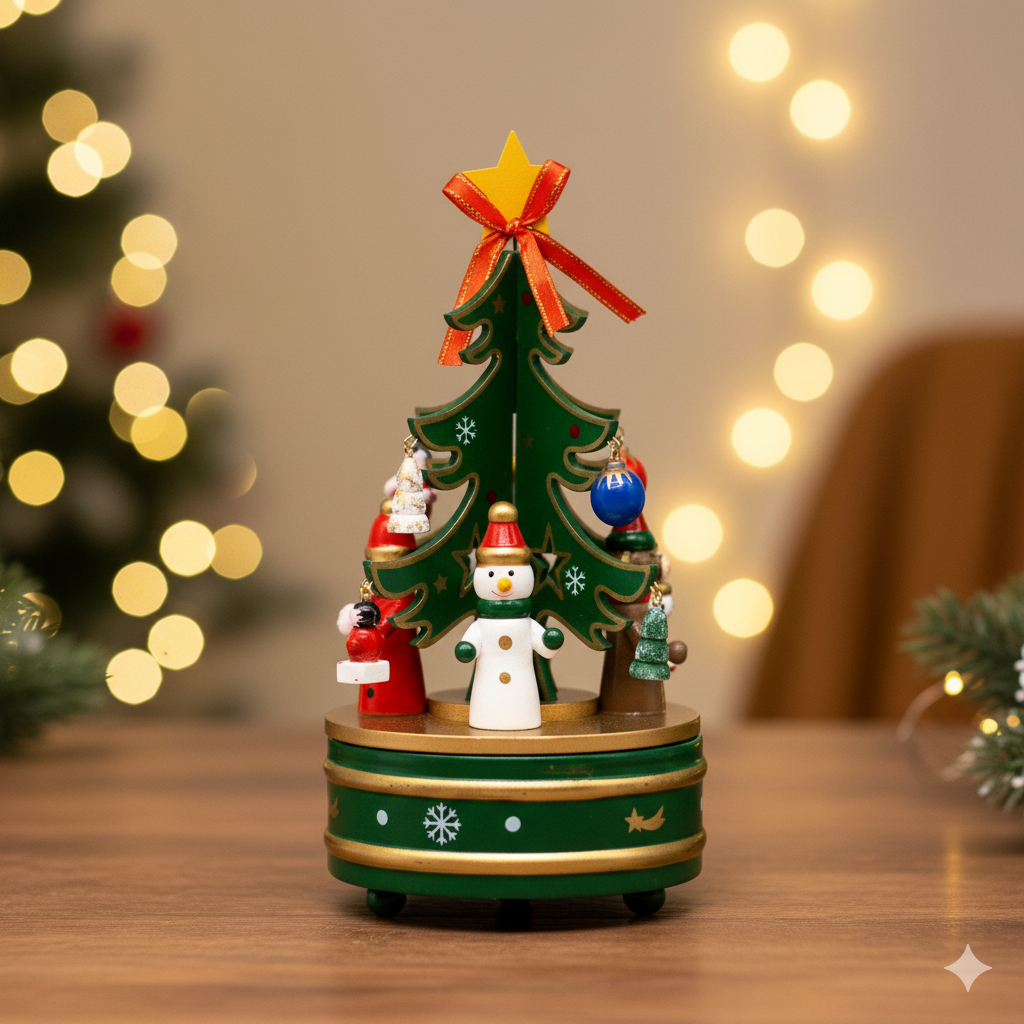 Adorno NavideÃ±o con Caja Musical Ãrbol Verde y Santa â€“ 22 cm