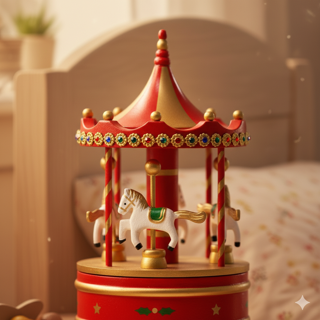 Adorno NavideÃ±o con Caja Musical Carrusel Rojo con Piedras de Colores â€“ 24 cm