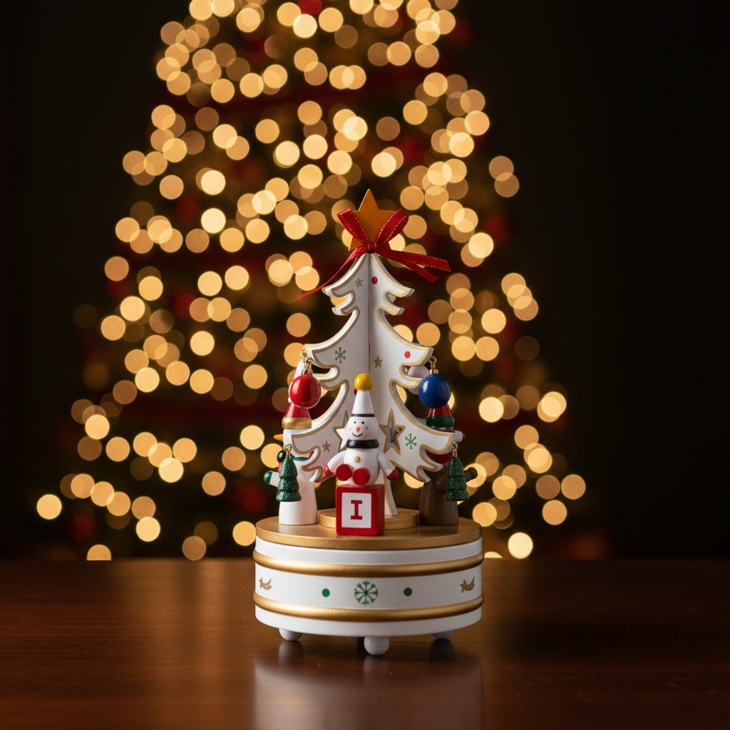 Adorno NavideÃ±o con Caja Musical Ãrbol Blanco y Santa â€“ 22 cm