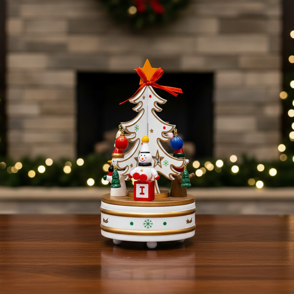 Adorno NavideÃ±o con Caja Musical Ãrbol Blanco y Santa â€“ 22 cm