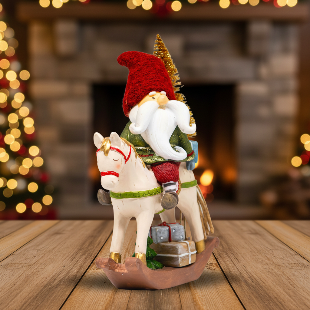 Adorno NavideÃ±o Duende en Caballo Mecedora â€“ 26 cm