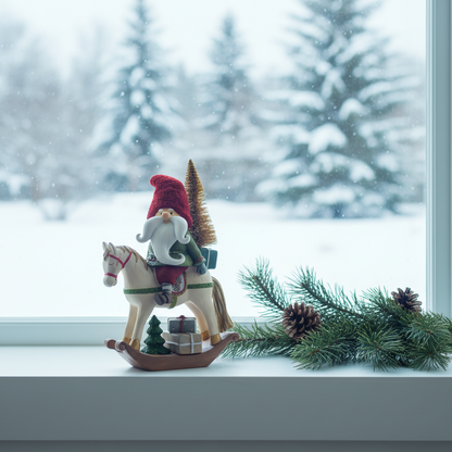 Adorno NavideÃ±o Duende en Caballo Mecedora â€“ 26 cm