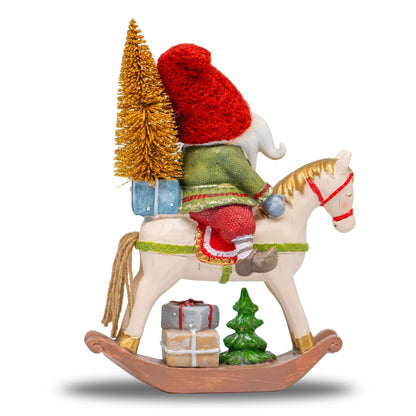 Adorno NavideÃ±o Duende en Caballo Mecedora â€“ 26 cm