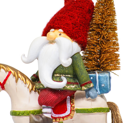 Adorno NavideÃ±o Duende en Caballo Mecedora â€“ 26 cm
