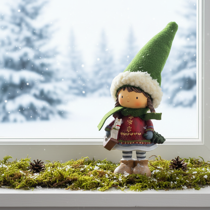 Adorno NavideÃ±o NiÃ±a con Gorro Verde y Caballo â€“ 25 cm