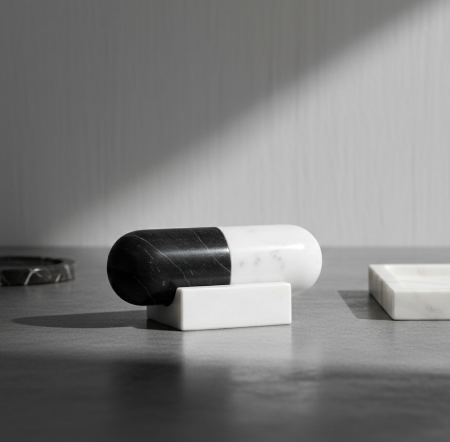 Cápsula con Base de Mármol Figura Decorativa Blanco y Negro 15 cm