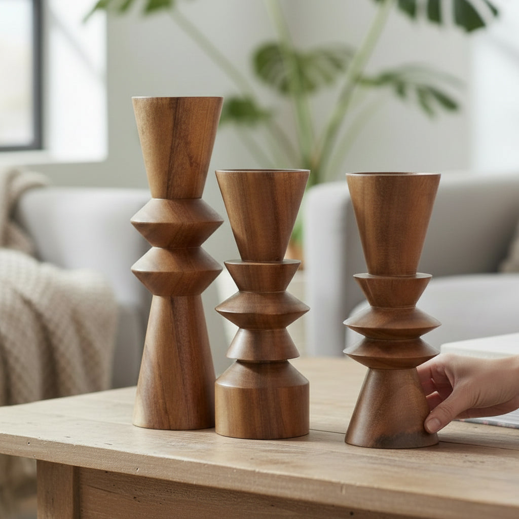 Juego de 3 TÃ³tems Decorativos de Madera â€“ 34 cm