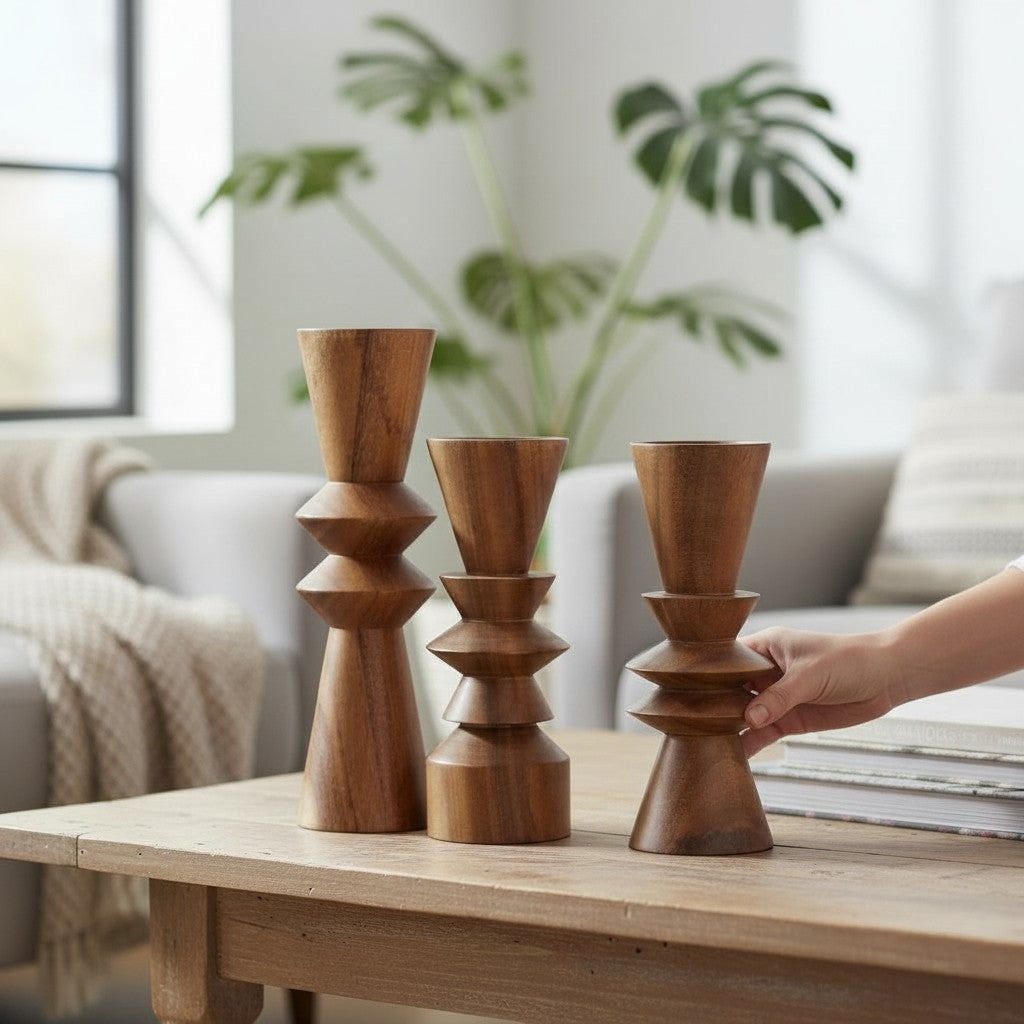 Juego de 3 TÃ³tems Decorativos de Madera â€“ 34 cm
