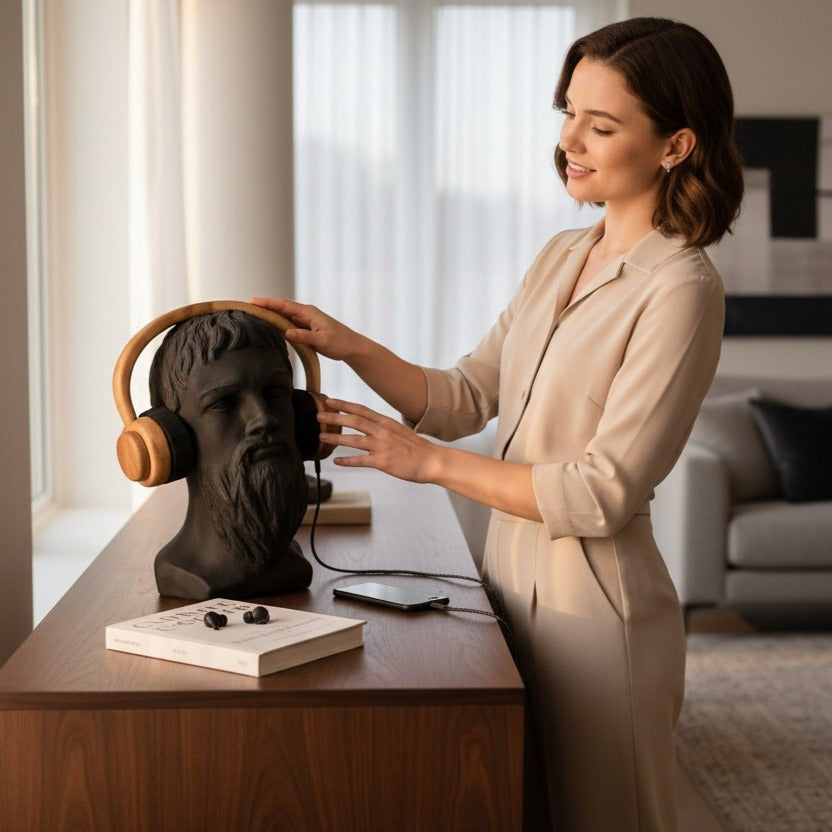 Busto Decorativo con Audífonos Negro + Madera 34 cm