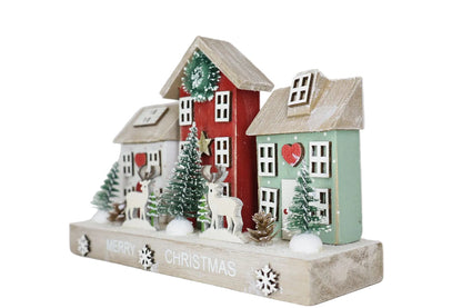 Adorno Navideño Villa 3 Casas Rojo, Verde Y Blanco, Renos